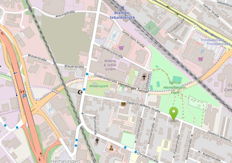 Kartenausschnitt Bremen-Hemelingen mit Markierung bei der Diedrich-Wilkens-Straße 48a